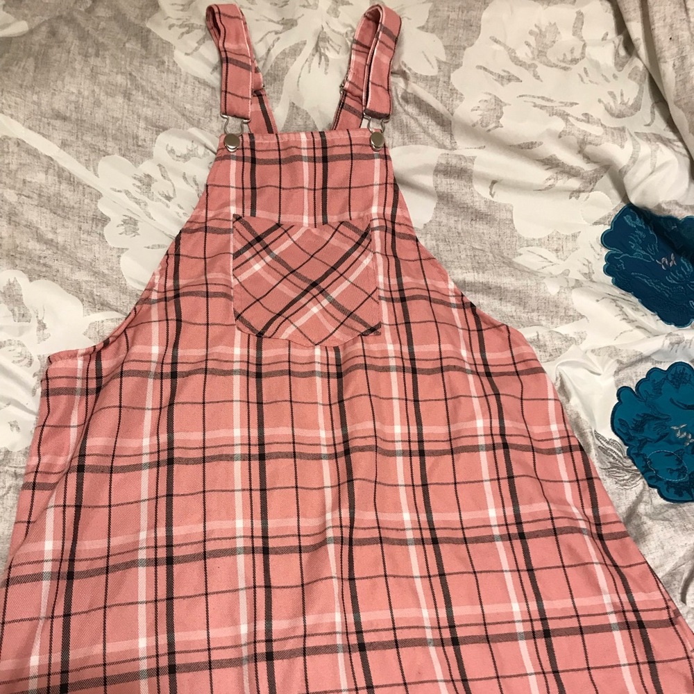 Pink Plaid Overall Dress